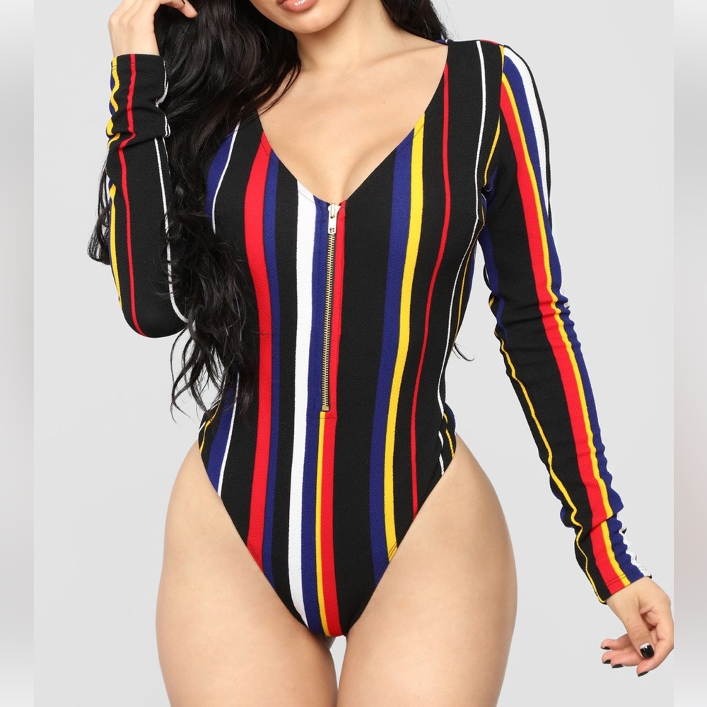 Fashion Nova - Kalea Long Sleeve Striped Bodysuit - Size Large